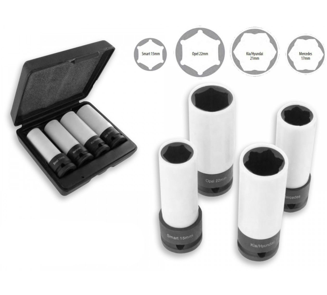 Hubi Tools HU42066 1/2"-os gépi dugókulcs fej készlet alufelnihez, speciális, 4 részes termék fő termékképe