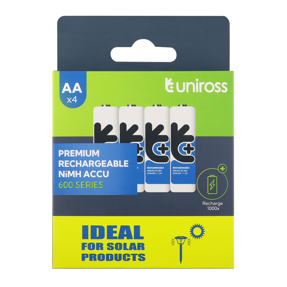 Uniross 1.2V Ni-MH szolár akkumulátor, AA (ceruza), 600 mAh, 4 db/bliszter termék fő termékképe